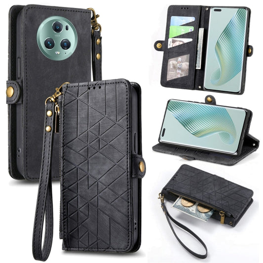 For Honor Magic5 Pro Geometric Zipper Wallet Side Buckle Leather Phone Case(Black) by buy2fix
