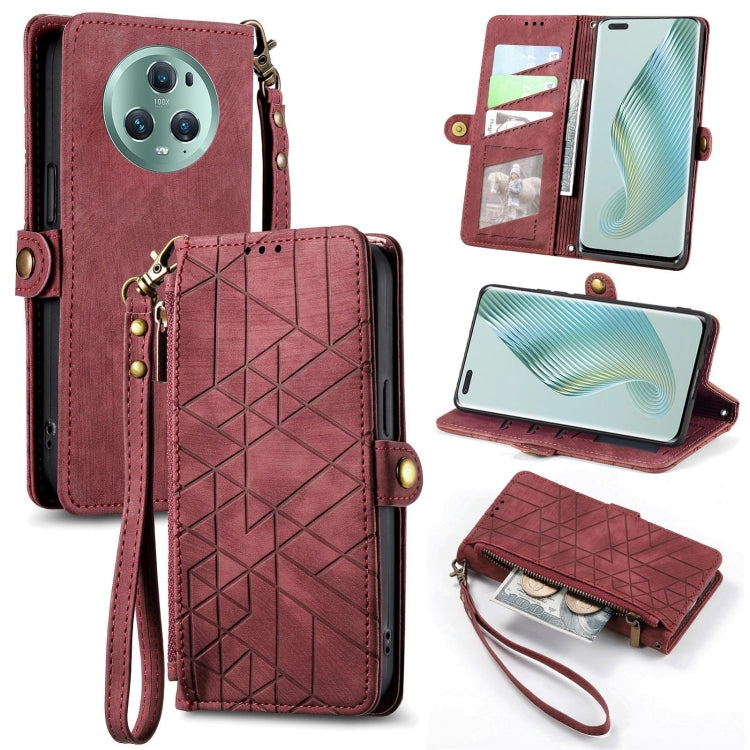 For Honor Magic5 Geometric Zipper Wallet Side Buckle Leather Phone Case(Red) by buy2fix