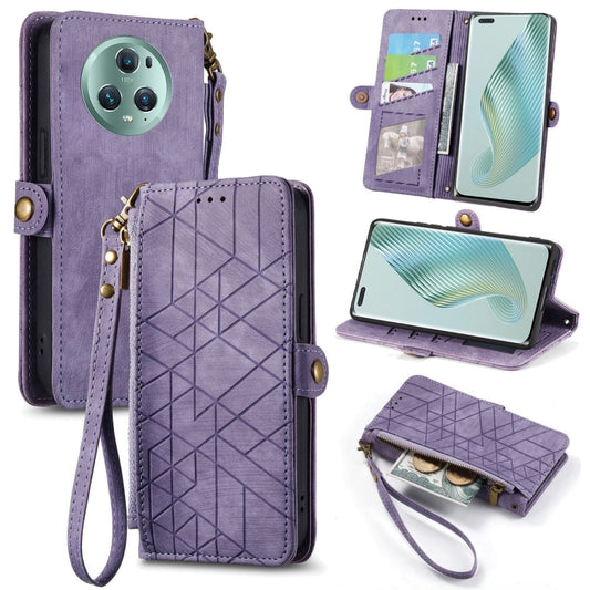 For Honor Magic5 Geometric Zipper Wallet Side Buckle Leather Phone Case(Purple) by buy2fix