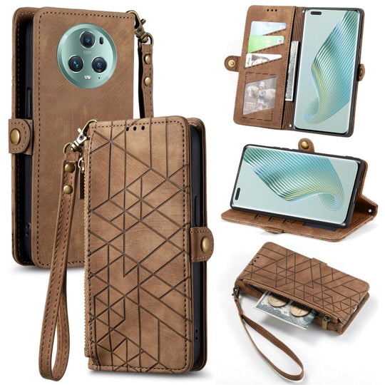 Pour Honor Magic5 Portefeuille à fermeture éclair géométrique Boucle latérale Étui de téléphone en cuir (Marron)