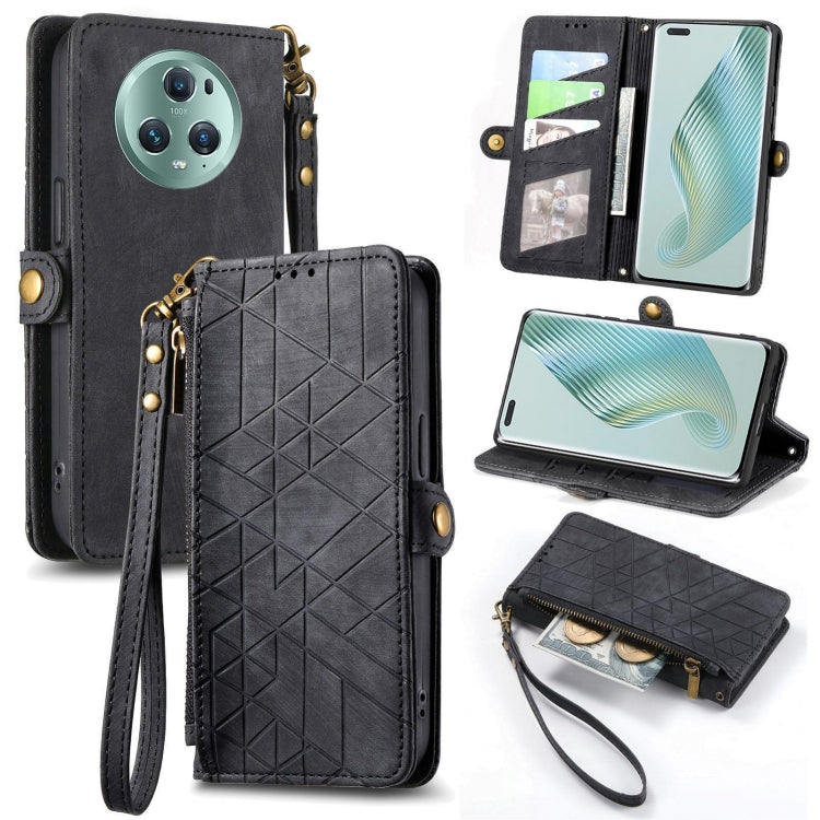 For Honor Magic5 Geometric Zipper Wallet Side Buckle Leather Phone Case(Black) by buy2fix
