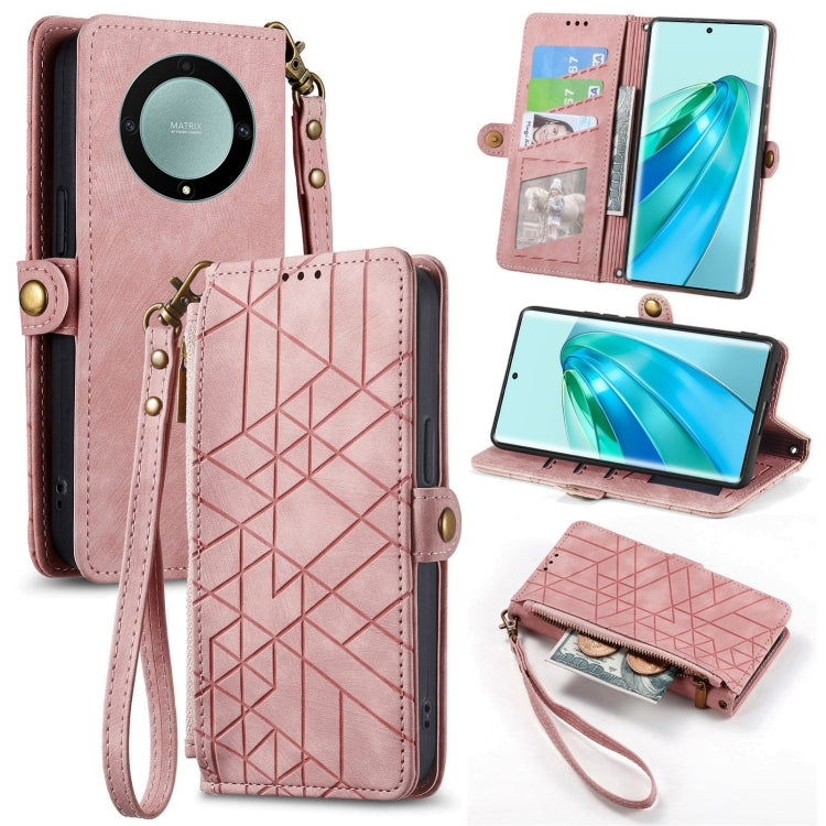 For Honor X9A Geometric Zipper Wallet Side Buckle Leather Phone Case(Pink) by buy2fix