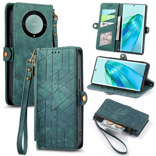 Pour Honor X9A Portefeuille à fermeture éclair géométrique Boucle latérale Étui de téléphone en cuir (Vert)