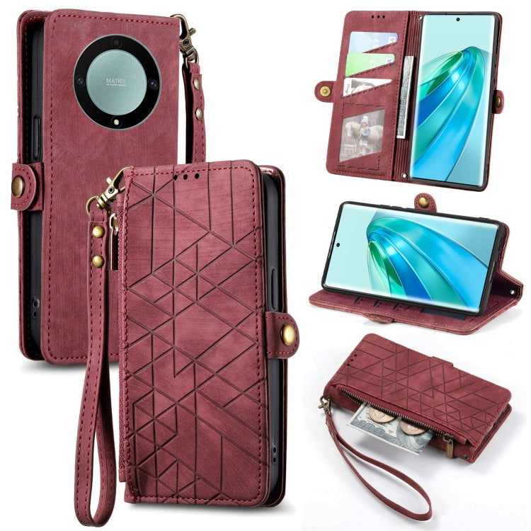 For Honor X9A Geometric Zipper Wallet Side Buckle Leather Phone Case(Red) by buy2fix