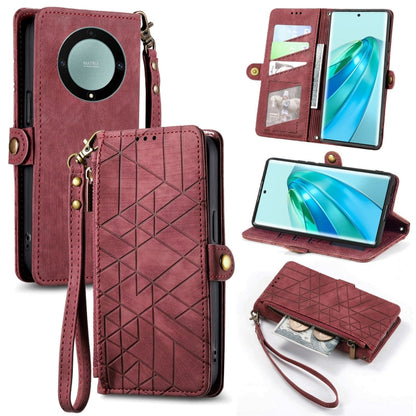 For Honor X9A Geometric Zipper Wallet Side Buckle Leather Phone Case(Red) by buy2fix