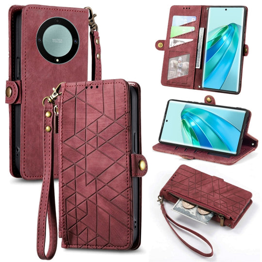 Pour Honor X9A Portefeuille à fermeture éclair géométrique Boucle latérale Étui de téléphone en cuir (Rouge)
