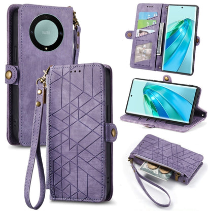 For Honor X9A Geometric Zipper Wallet Side Buckle Leather Phone Case(Purple) by buy2fix