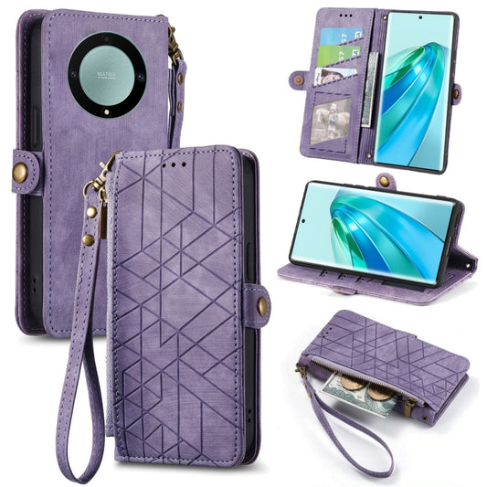 For Honor X9A Geometric Zipper Wallet Side Buckle Leather Phone Case(Purple) by buy2fix