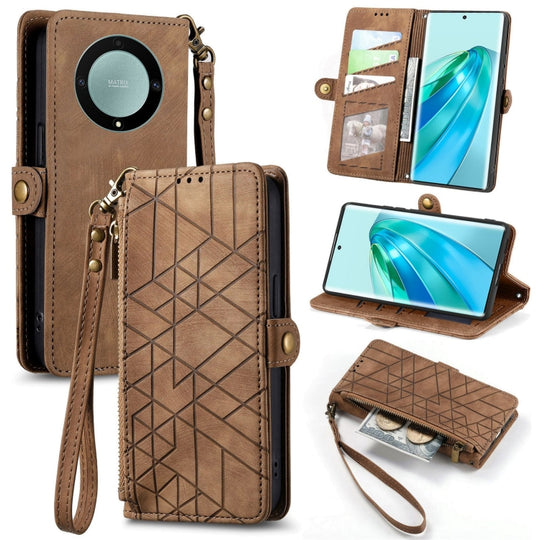 Pour Honor X9A Portefeuille à fermeture éclair géométrique Boucle latérale Étui de téléphone en cuir (Marron)