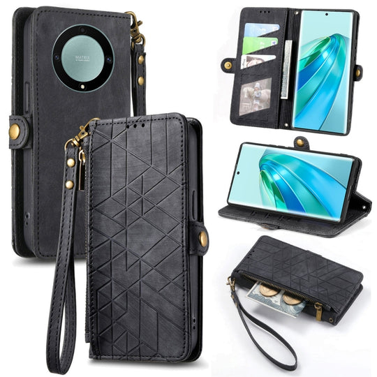 Pour Honor X9A Portefeuille à fermeture éclair géométrique Boucle latérale Étui de téléphone en cuir (Noir)