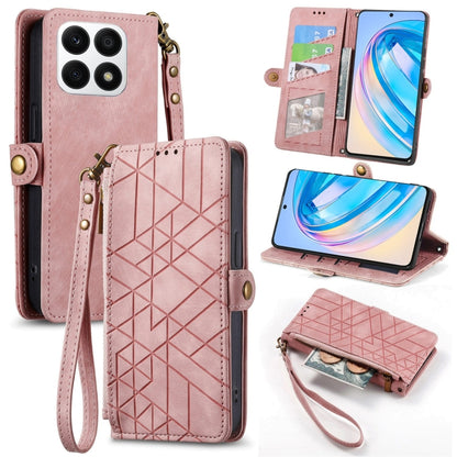 For Honor X8A Geometric Zipper Wallet Side Buckle Leather Phone Case(Pink) by buy2fix