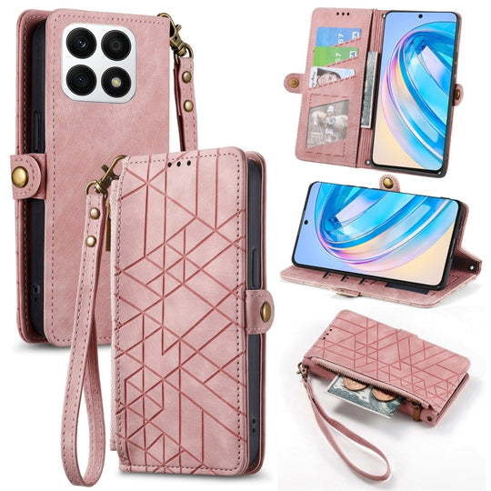 Pour Honor X8A Portefeuille à fermeture éclair géométrique Boucle latérale Étui de téléphone en cuir (Rose)