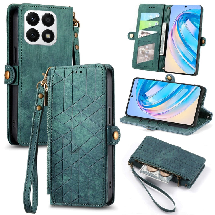 For Honor X8A Geometric Zipper Wallet Side Buckle Leather Phone Case(Green) by buy2fix