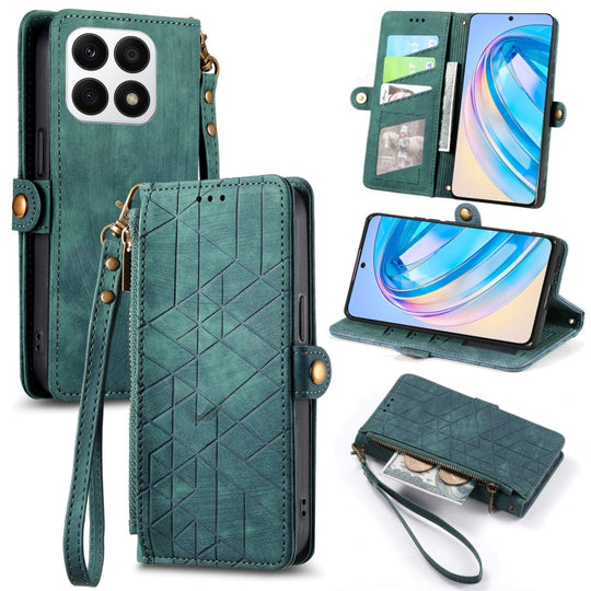 Pour Honor X8A Portefeuille à fermeture éclair géométrique Boucle latérale Étui de téléphone en cuir (Vert)