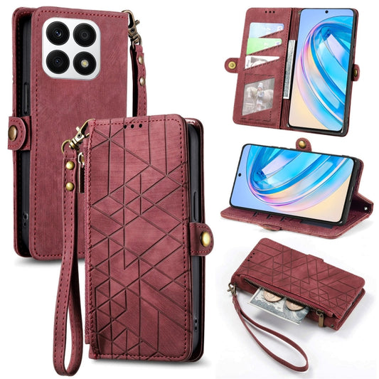 For Honor X8A Geometric Zipper Wallet Side Buckle Leather Phone Case(Red) by buy2fix