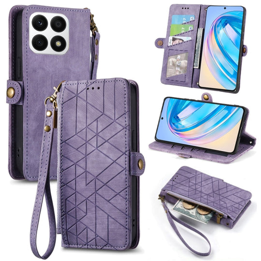 Pour Honor X8A Portefeuille à fermeture éclair géométrique Boucle latérale Étui de téléphone en cuir (Violet)