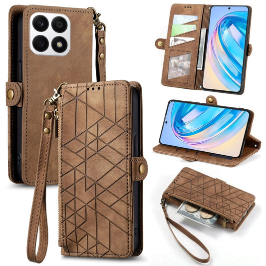 For Honor X8A Geometric Zipper Wallet Side Buckle Leather Phone Case(Brown) by buy2fix