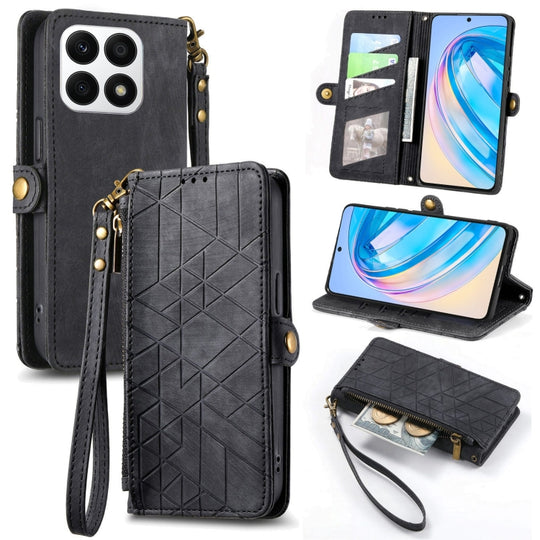 Pour Honor X8A Portefeuille à fermeture éclair géométrique Boucle latérale Étui de téléphone en cuir (Noir)