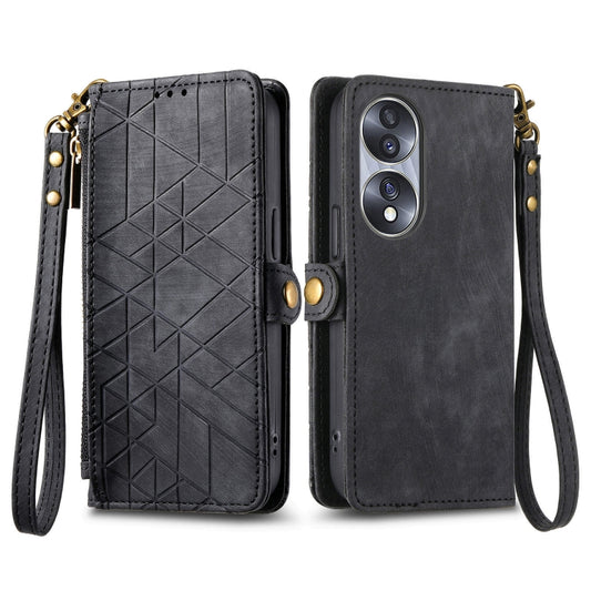 For Honor X8A Geometric Zipper Wallet Side Buckle Leather Phone Case(Black) by buy2fix