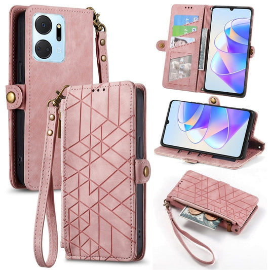 For Honor X7A Geometric Zipper Wallet Side Buckle Leather Phone Case(Pink) by buy2fix