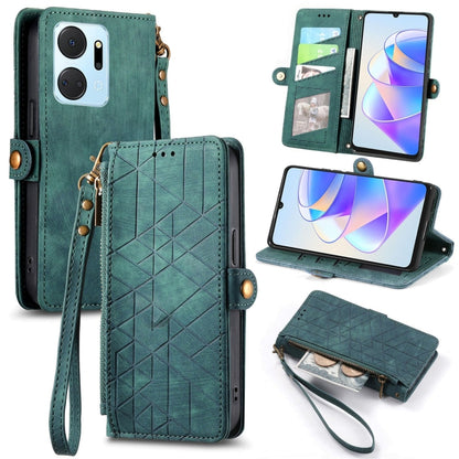 For Honor X7A Geometric Zipper Wallet Side Buckle Leather Phone Case(Green) by buy2fix
