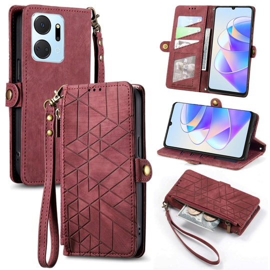 Pour Honor X7A Portefeuille à fermeture éclair géométrique Boucle latérale Étui de téléphone en cuir (Rouge)