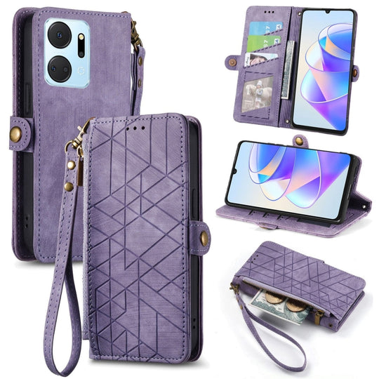 Pour Honor X7A Portefeuille à fermeture éclair géométrique Boucle latérale Étui de téléphone en cuir (Violet)