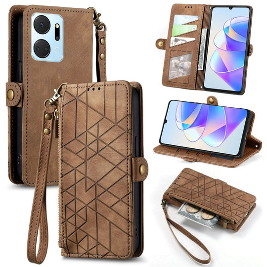 Pour Honor X7A Portefeuille à fermeture éclair géométrique Boucle latérale Étui de téléphone en cuir (Marron)