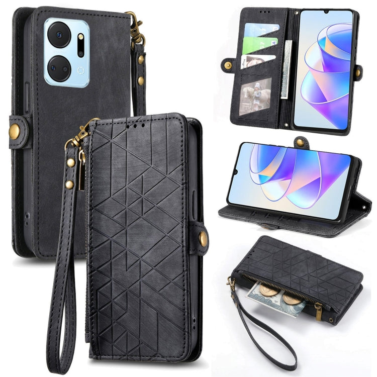 For Honor X7A Geometric Zipper Wallet Side Buckle Leather Phone Case(Black) by buy2fix