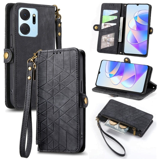 Pour Honor X7A Portefeuille à fermeture éclair géométrique Boucle latérale Étui de téléphone en cuir (Noir)