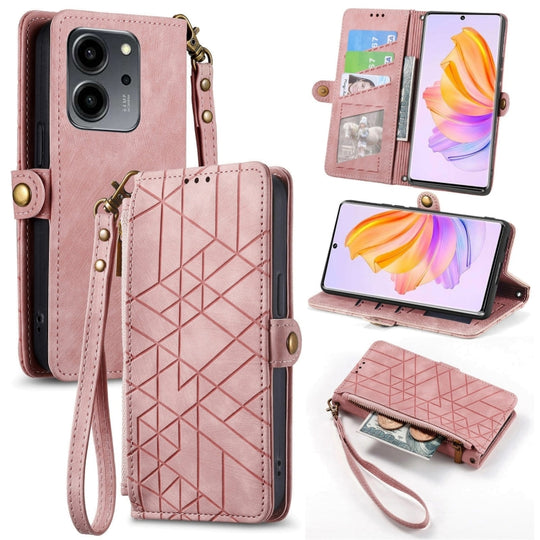 Pour Honor 80 SE Portefeuille à fermeture éclair géométrique Boucle latérale Étui de téléphone en cuir (Rose)