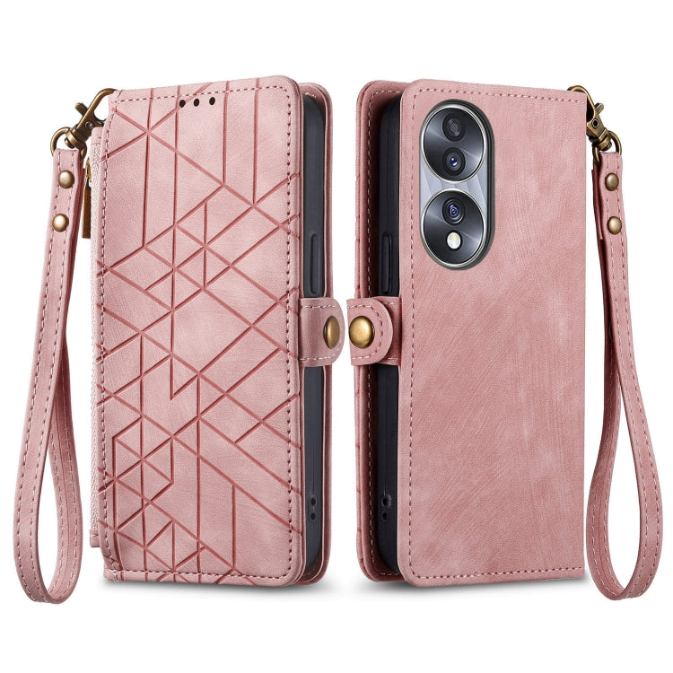 For Honor 80 SE Geometric Zipper Wallet Side Buckle Leather Phone Case(Pink) by buy2fix