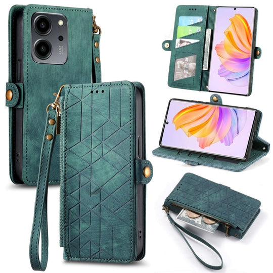 Pour Honor 80 SE Portefeuille à fermeture éclair géométrique Boucle latérale Étui de téléphone en cuir (Vert)