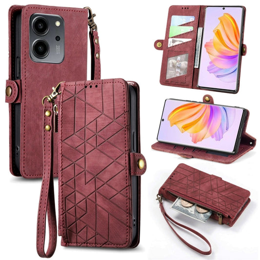 For Honor 80 SE Geometric Zipper Wallet Side Buckle Leather Phone Case(Red) by buy2fix