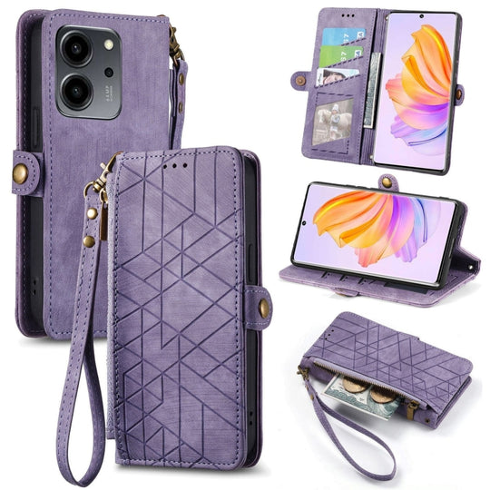 Pour Honor 80 SE Portefeuille à fermeture éclair géométrique Boucle latérale Étui de téléphone en cuir (Violet)