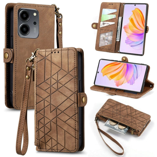 Pour Honor 80 SE Portefeuille à fermeture éclair géométrique Boucle latérale Étui de téléphone en cuir (Marron)