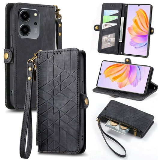 For Honor 80 SE Geometric Zipper Wallet Side Buckle Leather Phone Case(Black) by buy2fix