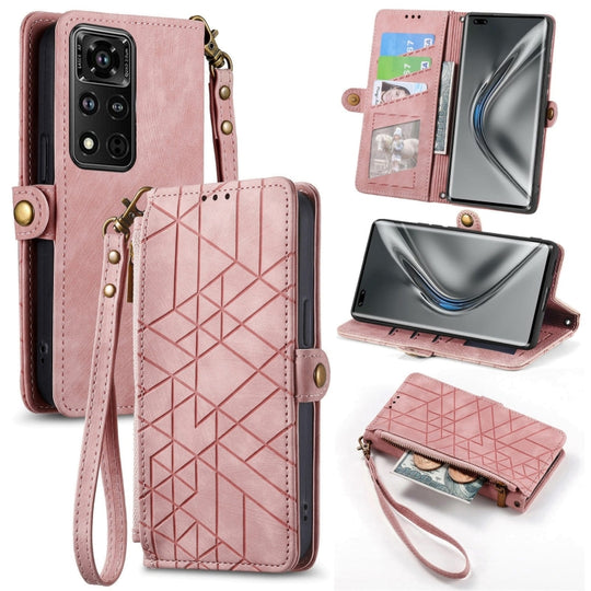 Pour Honor V40 Portefeuille à fermeture éclair géométrique Boucle latérale Étui de téléphone en cuir (Rose)