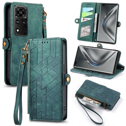 For Honor V40 Geometric Zipper Wallet Side Buckle Leather Phone Case(Green) by buy2fix