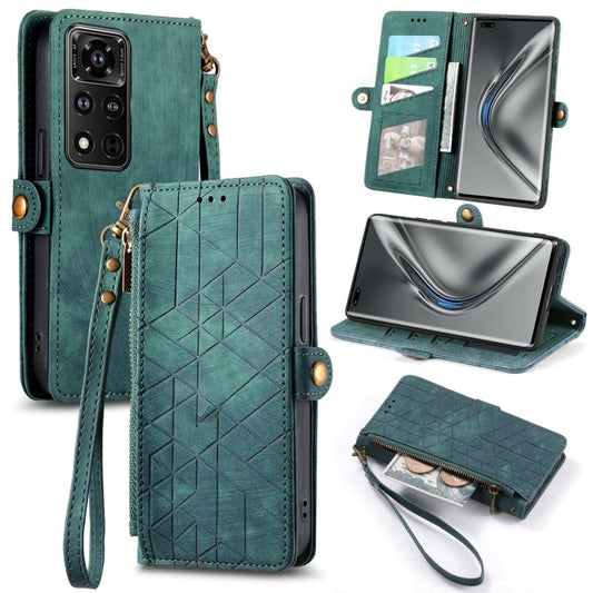 For Honor V40 Geometric Zipper Wallet Side Buckle Leather Phone Case(Green) by buy2fix