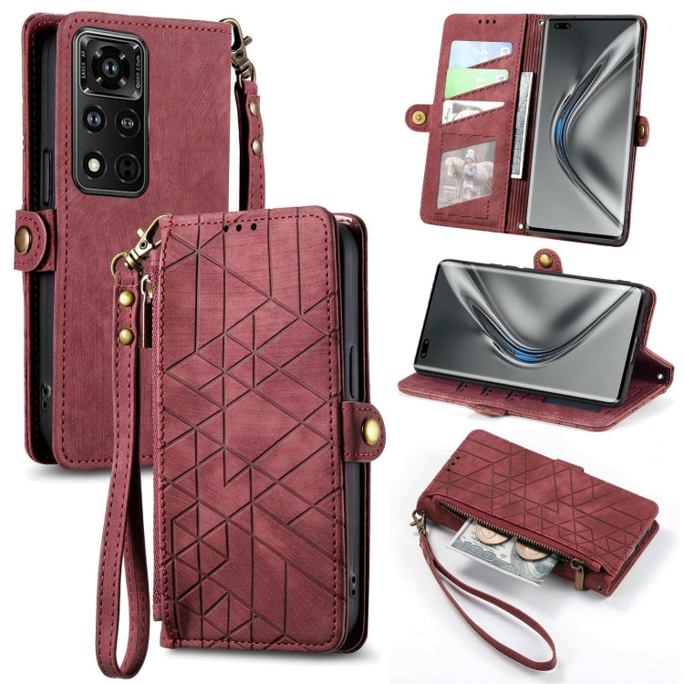 For Honor V40 Geometric Zipper Wallet Side Buckle Leather Phone Case(Red) by buy2fix