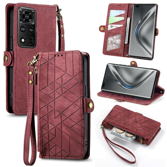Pour Honor V40 Portefeuille à fermeture éclair géométrique Boucle latérale Étui de téléphone en cuir (Rouge)