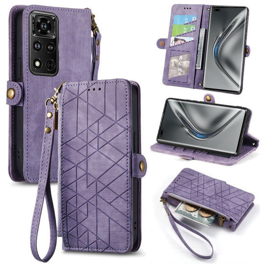 Pour Honor V40 Portefeuille à fermeture éclair géométrique Boucle latérale Étui de téléphone en cuir (Violet)
