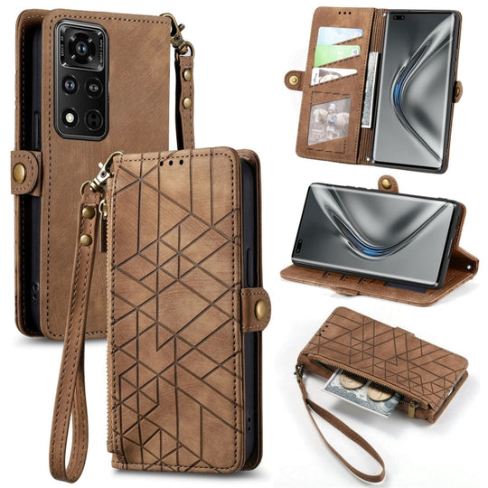 Pour Honor V40 Portefeuille à fermeture éclair géométrique Boucle latérale Étui de téléphone en cuir (Marron)