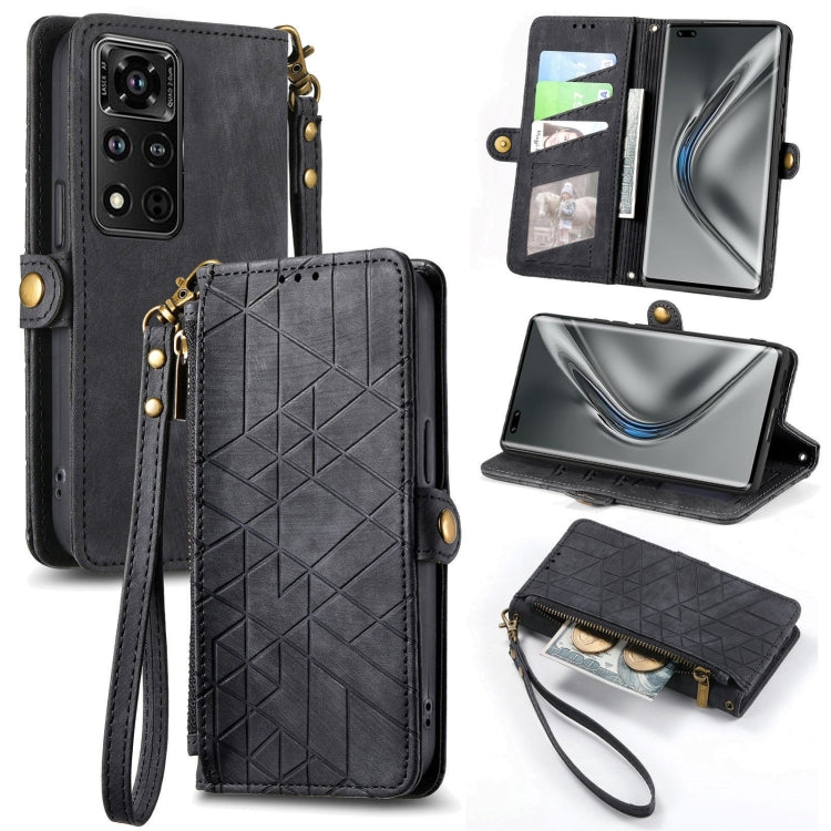 For Honor V40 Geometric Zipper Wallet Side Buckle Leather Phone Case(Black) by buy2fix