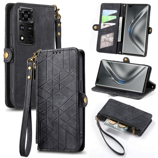 For Honor V40 Geometric Zipper Wallet Side Buckle Leather Phone Case(Black) by buy2fix