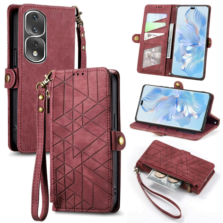 For Honor 80 Pro Geometric Zipper Wallet Side Buckle Leather Phone Case(Red) by buy2fix