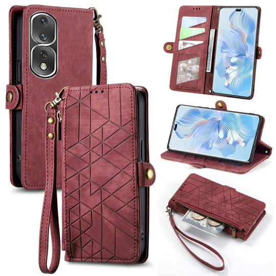 Pour Honor 80 Pro Portefeuille à fermeture éclair géométrique Boucle latérale Étui de téléphone en cuir (Rouge)