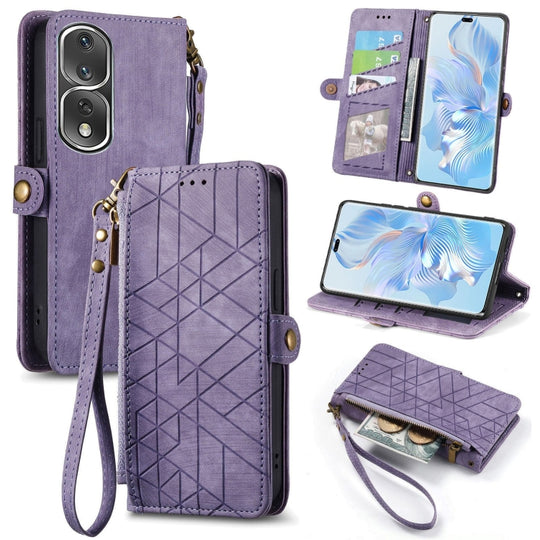 Pour Honor 80 Pro Portefeuille à fermeture éclair géométrique Boucle latérale Étui de téléphone en cuir (Violet)