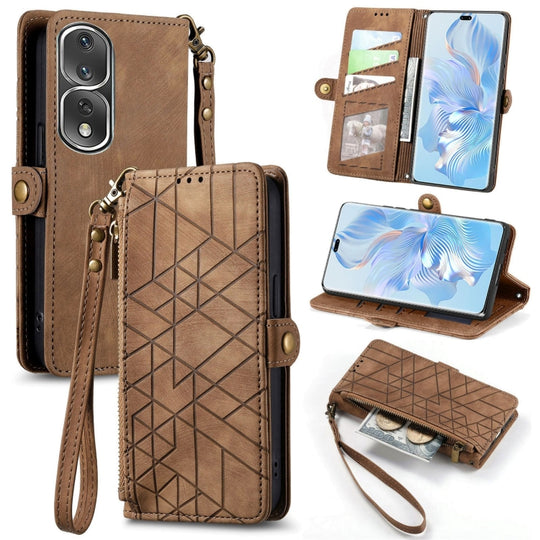 Pour Honor 80 Pro Portefeuille à fermeture éclair géométrique Boucle latérale Étui de téléphone en cuir (Marron)
